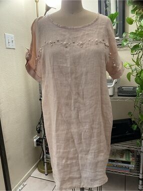 💜💜💜Blush Pearl-Trim Linen Midi Dress